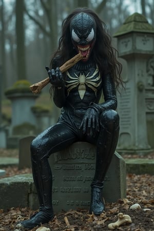 a female Venom, merged with young Michelle Trachtenberg. Her body is transformed already, the face has started to transform but she's still remarkable. She's sitting on top of a tombstone on a cementry. On the ground you can see some skeletons and bones while she's eating a bone with a creepy smile