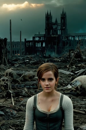 Armageddon's desolate landscape unfolds as Emma Watson, now a zombie, lies amidst a sea of lifeless bodies. The shot frames her grimacing face, lit by the faint glow of a distant fire, surrounded by a sprawl of corpses. Her once-beautiful features are now distorted, a testament to the apocalypse that has ravaged the world. In the background, the skeletal remains of buildings stretch towards the darkened sky, as if reaching for a sense of hope that is long lost.