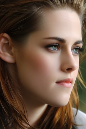 A captivating 3D close-up render of Kristen Stewart's face as she peers into the mysterious rabbit hole in Wonderland. Created using advanced 3D modeling software with hyper-realistic textures and lighting.

Pose and Framing:
- Kristen Stewart's face fills most of the frame, tilted slightly as she leans towards the hole
- One of her hands visible, reaching out to touch the edge of the rabbit hole
- Strands of her hair falling forward, framing her face

Rabbit Hole:
- Edge of the hole visible in the foreground, taking up the bottom third of the image
- Swirling, spiral-like patterns visible inside the hole
- Soft, ethereal glow emanating from within

Lighting and Atmosphere:
- Dramatic contrast between the dark forest and the glowing rabbit hole
- Magical light from the hole reflecting in Kristen Stewart's wide eyes
- Subtle rim lighting on Kristen Stewart's hair, creating a halo effect

Details and 3D Techniques:
- Extremely high polygon count for Kristen Stewart's face, capturing every detail
- Subsurface scattering on Kristen Stewart's skin for a lifelike appearance
- Depth of field effect, with sharp focus on Kristen Stewart's eyes and the edge of the hole
- Particle effects like dust or small glowing spores floating near the hole

Color Palette:
- Warm, golden light from the rabbit hole
- Cool, blue-green tones for the surrounding forest
- Pale skin tones and rosy cheeks for Alice
- Vibrant blue for Kristen Stewart's eyes, reflecting the magical light

Composition:
- Extreme close-up, with Kristen Stewart's face and the rabbit hole edge as the focal points
- Dutch angle to add a sense of disorientation and wonder

Post-processing:
- Subtle glow around the edges of the frame for a dreamy effect
- Slight color grading to enhance the contrast between the warm glow and cool shadows
- Micro-contrast adjustment to bring out the fine details in Kristen Stewart's face

The overall effect should be an intimate, hyper-realistic 3D portrait that captures Kristen Stewart's intense curiosity and wonder as she discovers the rabbit hole, drawing the viewer into her moment of fascination and the beginning of her adventure.