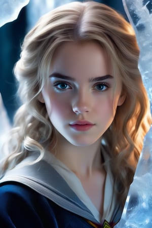 In this hyperrealistic half body shot, a youthful face (Hermione Granger), with white hair and blue-gray hues, is mesmerizing as she draws herself on a heavily frosted mirror. Her finger etches intricate patterns into the thick layer of ice, creating a super impressive, marine-painting-like effect. The alternating lighting casts a dramatic contrast between the frosted and cleared areas, highlighting the crystalline ice formations, delicate feathers, and swirls that cover the mirror's surface. Visible ice crystals add to the frozen ambiance, while an ethereal glow emanates from light refracting through the ice, amplifying the magical quality of this surreal scene.