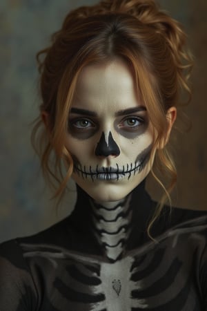 portrait, Emma Watson, shot hair, perfectly detailed and intricate skeleton make-up