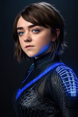 Craft a hyper realistic vertical full body photo of the most attractive stunning young girl (Maisie Williams, slight smile), fitting black nanofiber suit, intricate glowing neon blue design, intricate bodysuit, transparent parts, perfectly detailed eyes, intricate beauty with make-up, sparkling, reflections, (translucent), sexy, elegant, sporty, simple background, dim light, volumetric lighting, hyper realistic, blurry foreground, blurry background, (bloodborne:1.1),