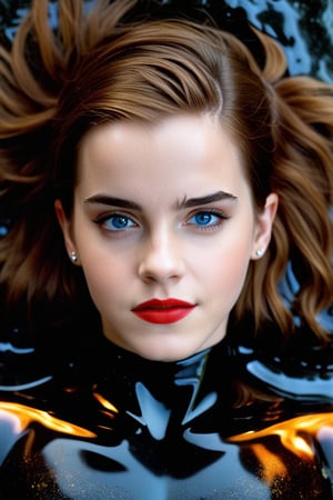 Permanent fusion: Emma Watson, 14 years old, with piercing blue eyes and fiery red lips, lies on a black marble altar. Liquid black marble covers her body, causing her body to merge seamlessly with the dark stone surface, as if she were becoming one with the ancient relic forever.