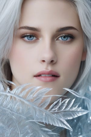 In this hyperrealistic close-up shot, Kristen Stewart's youthful face, with white hair and blue-gray hues, is mesmerizing as she draws herself on a heavily frosted mirror. Her finger etches intricate patterns into the thick layer of ice, creating a super impressive, marine-painting-like effect. The alternating lighting casts a dramatic contrast between the frosted and cleared areas, highlighting the crystalline ice formations, delicate feathers, and swirls that cover the mirror's surface. Visible ice crystals add to the frozen ambiance, while an ethereal glow emanates from light refracting through the ice, amplifying the magical quality of this surreal scene.