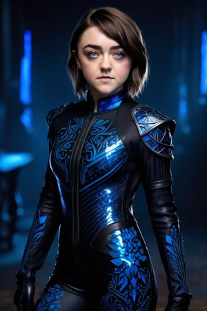 Craft a hyper realistic vertical full body photo of the most attractive stunning young girl (Maisie Williams, slight smile), fitting black nanofiber suit, intricate glowing neon blue design, intricate bodysuit, transparent parts, perfectly detailed eyes, intricate beauty with make-up, sparkling, reflections, (translucent), sexy, elegant, sporty, simple background, dim light, volumetric lighting, hyper realistic, blurry foreground, blurry background, (bloodborne:1.1),