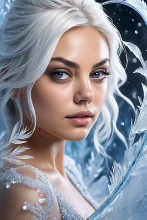 In this hyperrealistic close-up shot, Mila Kunis's youthful face, with white hair and blue-gray hues, is mesmerizing as she draws herself on a heavily frosted mirror. Her finger etches intricate patterns into the thick layer of ice, creating a super impressive, marine-painting-like effect. The alternating lighting casts a dramatic contrast between the frosted and cleared areas, highlighting the crystalline ice formations, delicate feathers, and swirls that cover the mirror's surface. Visible ice crystals add to the frozen ambiance, while an ethereal glow emanates from light refracting through the ice, amplifying the magical quality of this surreal scene.