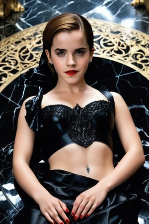 Permanent fusion: Emma Watson, 14 years old, with piercing blue eyes and fiery red lips, lies on a black marble altar. Liquid black marble cascading her torso, causing her chest to merge seamlessly with the dark stone surface, as if she were becoming one with the ancient relic forever.