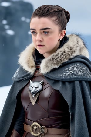 A winter wonderland scene: Maisie Williams, her hair tied back, wears a leather armor set with an open cloak and a fur-trimmed cape, its clasp closed with a wolf brooch. The wolf emblem adorns her chest as she stands amidst a snowy backdrop, the cold air nipping at her nose.