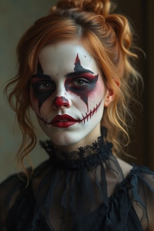 portrait, Emma Watson, shot hair, perfectly detailed and intricate Halloween make-up