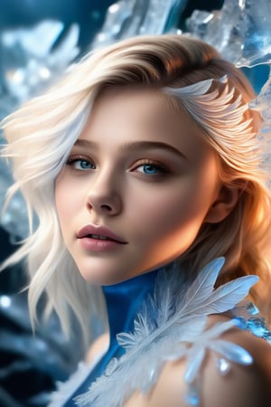 In this hyperrealistic half body shot, a youthful face (Chloë Grace Moretz), with white hair and blue-gray hues, is mesmerizing as she draws herself on a heavily frosted mirror. Her finger etches intricate patterns into the thick layer of ice, creating a super impressive, marine-painting-like effect. The alternating lighting casts a dramatic contrast between the frosted and cleared areas, highlighting the crystalline ice formations, delicate feathers, and swirls that cover the mirror's surface. Visible ice crystals add to the frozen ambiance, while an ethereal glow emanates from light refracting through the ice, amplifying the magical quality of this surreal scene.,