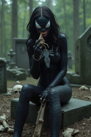 a female Venom, merged with young Michelle Trachtenberg. Her body is transformed already, the face has started to transform but she's still remarkable. She's sitting on top of a tombstone on a cementry. On the ground you can see some skeletons and bones while she's eating a bone with a creepy smile