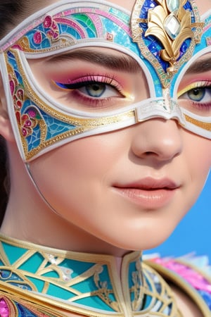 Close-up shot of Maisie Williams, a youthful and slender beauty, exuding a sporty yet elegant aura. She wears an intricately designed mask, adorned with delicate patterns and vibrant colors, as if straight from a carnival celebration. Her bright eyes sparkle beneath the ornate face covering, conveying a sense of playfulness and curiosity.