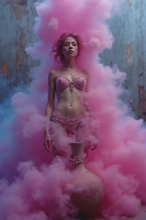 Michelle Trachtenberg as a pink genie emerging from a cloud of rose and blue hues emanating from an old, ugly flask. Her upper torso materializes, yet remains translucent. Below her navel, her body dissolves into smoke, seamlessly merging with the old flask's rusty tendrils. The cloudy backdrop glows softly, casting a warm, ethereal light upon Michelle's surreal form as she rises majestically from the discarded container.