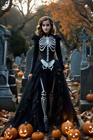 Emma Watson dressed in elaborate skeleton costume, standing amidst crumbling tombstones and eerie jack-o'-lanterns scattered across the dimly lit graveyard. Her bones are painted with intricate makeup, adding to the spooky ambiance as she strikes a pose, surrounded by an autumnal backdrop of twisted vines and weathered stone.