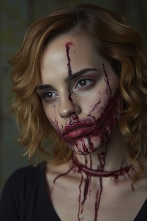 portrait, Emma Watson, shot hair, perfectly detailed and intricate zombie make-up