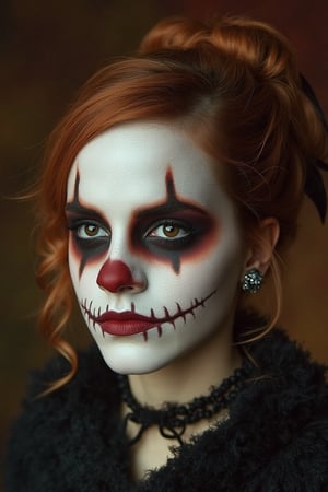 portrait, Emma Watson, shot hair, perfectly detailed and intricate Halloween make-up