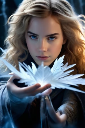 In this hyperrealistic half body shot, a youthful face (Hermione Granger), with white hair and blue-gray hues, is mesmerizing as she draws herself on a heavily frosted mirror. Her finger etches intricate patterns into the thick layer of ice, creating a super impressive, marine-painting-like effect. The alternating lighting casts a dramatic contrast between the frosted and cleared areas, highlighting the crystalline ice formations, delicate feathers, and swirls that cover the mirror's surface. Visible ice crystals add to the frozen ambiance, while an ethereal glow emanates from light refracting through the ice, amplifying the magical quality of this surreal scene.