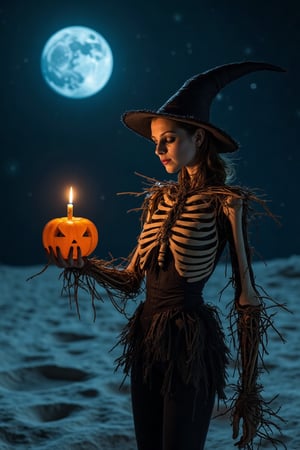 Moonlit eerie scene: Michelle Trachtenberg, a scarecrow-like humanoid with a bird skeleton body and dressed in matching attire, stands on the desolate lunar surface. Her arm, composed of twigs, holds a pumpkin containing a burning candle, casting an otherworldly glow alongside the distant blue Earth in the background.