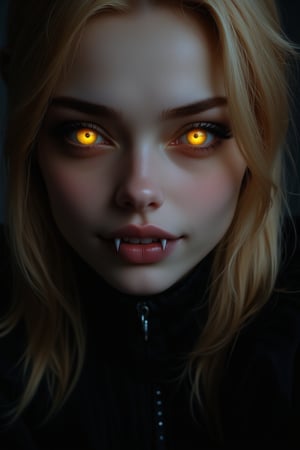 A close-up portrait of a blonde mesmerizing vampire queen, glowing crystal yellow eyes, face lit by subtle, warm highlights and soft shadows. Her sharp fangs glint against her hypnotic smile, exuding sensual allure as she gazes directly at the viewer. The camera frames her face with precision, emphasizing every detail. Against a dark background, her radiant yet haunting eyes draw in the viewer, while her enigmatic expression hints at secrets hidden beneath her captivating beauty.,FANGS