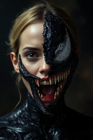 A hyperrealistic portrait of Emma Watson, her left side transformed into Venom, with a thick, black symbiotic tendril snaking across his face, partially obscuring her left eye. Her right side retains her human appearance, showcasing a beautiful expression, with wide eyes and bared teeth. The focus is on the stark contrast between the two halves of her face, highlighting the Venom symbiote's slick, textured skin against the woman's natural features, capturing the intense struggle between the human and alien entity. Chiaroscuro lighting casts deep shadows across her face, enhancing the dramatic division between the dark symbiote and the lit human side. The Venom symbiote is rendered in deep blacks, reds, and blues, creating a vivid contrast with the woman's natural skin tones. The background is dark and abstract, keeping the attention on the intensity of the transformation.