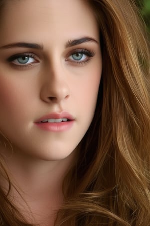 A captivating 3D close-up render of Kristen Stewart's face as she peers into the mysterious rabbit hole in Wonderland. Created using advanced 3D modeling software with hyper-realistic textures and lighting.

Pose and Framing:
- Kristen Stewart's face fills most of the frame, tilted slightly as she leans towards the hole
- One of her hands visible, reaching out to touch the edge of the rabbit hole
- Strands of her hair falling forward, framing her face

Rabbit Hole:
- Edge of the hole visible in the foreground, taking up the bottom third of the image
- Swirling, spiral-like patterns visible inside the hole
- Soft, ethereal glow emanating from within

Lighting and Atmosphere:
- Dramatic contrast between the dark forest and the glowing rabbit hole
- Magical light from the hole reflecting in Kristen Stewart's wide eyes
- Subtle rim lighting on Kristen Stewart's hair, creating a halo effect

Details and 3D Techniques:
- Extremely high polygon count for Kristen Stewart's face, capturing every detail
- Subsurface scattering on Kristen Stewart's skin for a lifelike appearance
- Depth of field effect, with sharp focus on Kristen Stewart's eyes and the edge of the hole
- Particle effects like dust or small glowing spores floating near the hole

Color Palette:
- Warm, golden light from the rabbit hole
- Cool, blue-green tones for the surrounding forest
- Pale skin tones and rosy cheeks for Alice
- Vibrant blue for Kristen Stewart's eyes, reflecting the magical light

Composition:
- Extreme close-up, with Kristen Stewart's face and the rabbit hole edge as the focal points
- Dutch angle to add a sense of disorientation and wonder

Post-processing:
- Subtle glow around the edges of the frame for a dreamy effect
- Slight color grading to enhance the contrast between the warm glow and cool shadows
- Micro-contrast adjustment to bring out the fine details in Kristen Stewart's face

The overall effect should be an intimate, hyper-realistic 3D portrait that captures Kristen Stewart's intense curiosity and wonder as she discovers the rabbit hole, drawing the viewer into her moment of fascination and the beginning of her adventure.