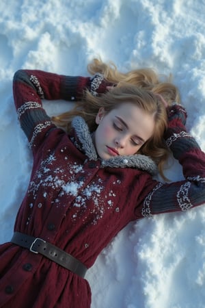 full body photo, Emma Watson (14 years old), lies in the snow, lies on her back, making a snow angel
BREAK
cinematic lights, professional full facial cosplay make-up, detailed eyes, detailed face, detailed hands