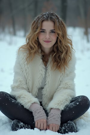 full body photo, Emma Watson, shot hair, sitting in the snow, cross-legged, smile, provocative pose, white warm but provocative clothing, black tights
BREAK
cinematic lights, detailed face, detailed hands, professional make-up, detailed eyes