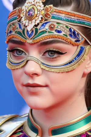 Close-up shot of Maisie Williams, a youthful and slender beauty, exuding a sporty yet elegant aura. She wears an intricately designed mask, adorned with delicate patterns and vibrant colors, as if straight from a carnival celebration. Her bright eyes sparkle beneath the ornate face covering, conveying a sense of playfulness and curiosity.