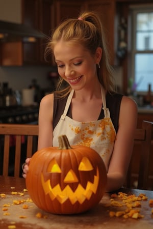 Michelle Trachtenberg sits at a wooden kitchen table, carving a Halloween pumpkin with a warm and inviting atmosphere. Her shoulder-length blonde hair is tied back in a ponytail, with a few stray strands framing her face. A white apron is wrapped around her waist, stained with orange and yellow pumpkin residue from the carving process. The camera captures a cozy and playful moment, blending eerie and whimsical tones as Michelle's bright smile suggests excitement for the Halloween celebration.