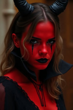 Emma Watson, red skin, dressed up as female devil, black horns, red make-up with black details, black lips, black eyes