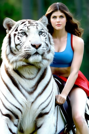 1girl, Alexandra Daddario, slim, athletic, tight-fitting clothing, riding a white tiger, perfectly detailed eyes