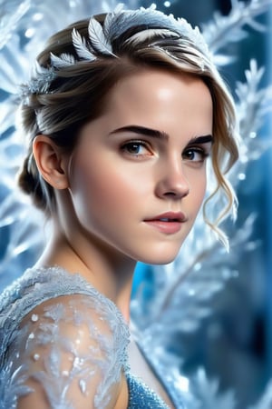 In this hyperrealistic half body shot, a youthful face (Emma Watson), with short hair and blue-gray hues, is mesmerizing as she draws herself on a heavily frosted mirror. Her finger etches intricate patterns into the thick layer of ice, creating a super impressive, marine-painting-like effect. The alternating lighting casts a dramatic contrast between the frosted and cleared areas, highlighting the crystalline ice formations, delicate feathers, and swirls that cover the mirror's surface. Visible ice crystals add to the frozen ambiance, while an ethereal glow emanates from light refracting through the ice, amplifying the magical quality of this surreal scene.