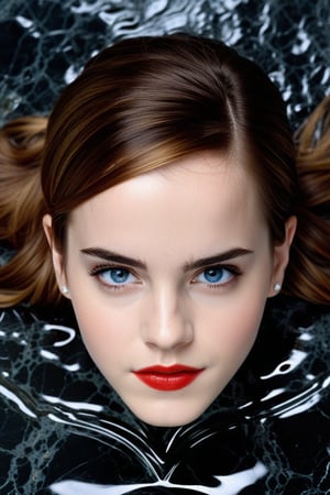 Permanent fusion: Emma Watson, 14 years old, with piercing blue eyes and fiery red lips, lies on a black marble altar. Liquid black marble runs over her upper body, causing her chest to merge seamlessly with the dark stone surface, as if she were becoming one with the ancient relic forever.