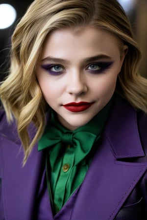 1girl, solo, Chloë Grace Moretz, cosplaying as Joker (from Batman's Movie), detailed face, detailed eyes, matching cosplay make-up