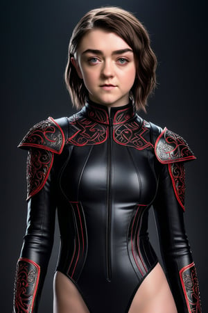 Craft a hyper realistic vertical full body photo of the most attractive stunning young girl (Maisie Williams, slight smile), fitting black nanofiber suit, intricate glowing neon red design, intricate bodysuit, transparent parts, perfectly detailed eyes, make-up, intricate beauty, sparkling, reflections, (translucent), sporty, simple background, dim light, volumetric lighting, hyper realistic, blurry foreground, blurry background, (bloodborne:1.1),