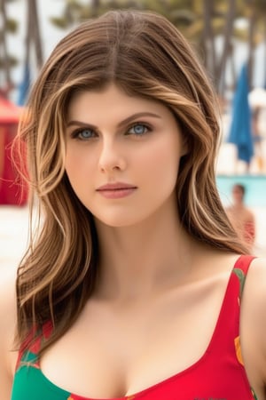 hyper realistic, full body, young girl, Alexandra Daddario, swimsuit, (baywatch swimsuit), perfectly detailed eyes, perfect make-up, intricate beauty, simple background, dim light, blurry foreground, blurry background