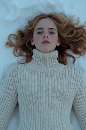 full body photo, Emma Watson (14 years old), lies in the snow, lies on her back, making a snow angel
BREAK
cinematic lights, professional full facial cosplay make-up, detailed eyes, detailed face, detailed hands