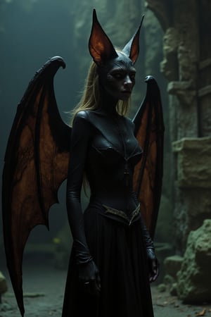 Michelle Trachtenberg as a beautiful human-like bat, intricate details, showing wings, full length frame, cinematic lighting, soft light, muted colors