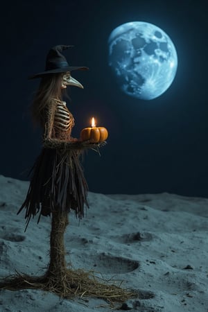 Moonlit eerie scene: Michelle Trachtenberg, a scarecrow-like humanoid with a bird skeleton body and dressed in matching attire, stands on the desolate lunar surface. Her arm, composed of twigs, holds a pumpkin containing a burning candle, casting an otherworldly glow alongside the distant blue Earth in the background.