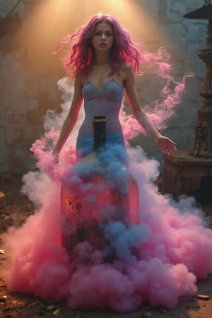 A whimsical depiction of Michelle Trachtenberg as a genie emerging from a cloud of pink and blue hues surrounding an old, decrepit flask. Her upper body materializes with a translucent quality, while her lower body dissolves into wispy smoke connected to the bottle. The scene is bathed in warm, golden lighting, with the cloudy vapor softly illuminating Michelle's ethereal form.