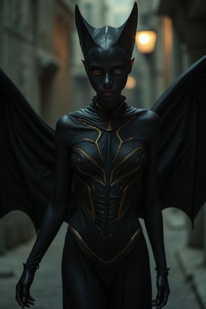 Michelle Trachtenberg as a beautiful human-like bat, intricate details, showing wings, full length frame, cinematic lighting, soft light, muted colors