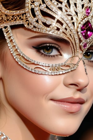 Close-up shot of Emma Watson's face, her youthful features radiating a sense of playfulness. Her slender physique is toned from athletic pursuits, complemented by her refined elegance. She dons an elaborate, intricately designed mask, adorned with sparkling jewels and delicate filigree, as she prepares to join the vibrant carnival festivities.