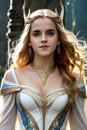 Mysterious Elf Maiden - A sultry pinup-inspired artwork depicts a striking blonde-elf woman (Emma Watson, at the age of 14) solo, indoors, with long hair cascading down her back, framing her enigmatic smile and piercing blue eyes that lock onto the viewer's gaze. She stands confidently in front of a dark, ornate backdrop, adorned in a flowing white dress with armor-like details, a hooded cape billowing behind her like mist. Her pointy ears and delicate earrings showcase her elven heritage. In one hand, she holds a staff, its intricate design glistening like the watermark on her circlet, adding mystique to this enchanting scene.