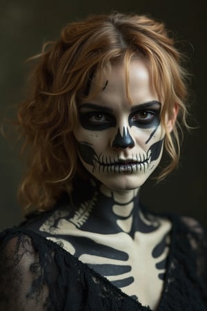 portrait, Emma Watson, shot hair, perfectly detailed and intricate skeleton make-up