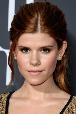 Create a hyper realistic upper body photo, 1girl, Kate Mara, young, at the age of 14, masterpiece, best quality, 1girl, intricate design, detailed face, detailed eyes, perfect make-up, cinematic lights, dim lights,