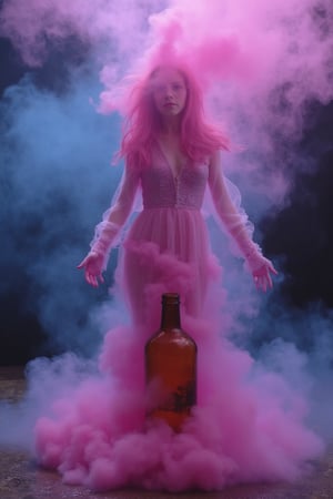 Michelle Trachtenberg as a pink genie rising from a cloud of pink and blue hues emanating from an old, ugly bottle. Her upper body materializes transparently, but her lower half becomes smoke, connecting to the bottle below.