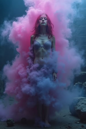 Michelle Trachtenberg as Rosa Genie, rising from a cloud of pink and blue hues emanating from an old, hideous flask. Her upper torso materializes, translucent and ethereal. Below her navel, her body dissolves into smoke, intertwined with the ancient bottle's wispy tendrils.