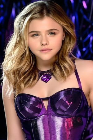 Chloë Grace Moretz stands out against a dark room devoid of details, bathed in ultraviolet light. Her revealing outfit glows with an otherworldly intensity as the UV lighting accentuates her curves. The dimly lit background serves as a dramatic canvas for her striking pose, drawing attention to her radiant presence.