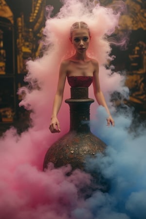 A whimsical depiction of Michelle Trachtenberg as a genie emerging from a cloud of pink and blue hues surrounding an old, decrepit flask. Her upper body materializes with a translucent quality, while her lower body dissolves into wispy smoke connected to the bottle. The scene is bathed in warm, golden lighting, with the cloudy vapor softly illuminating Michelle's ethereal form.