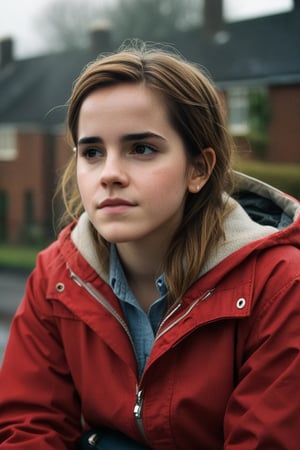 A melancholic portrait of Emma Watson as a young girl (14 years old) sitting in a vacant lot behind a public housing project in 1970s England. Wearing a red jacket and clutching her schoolbag, she gazes into the distance with a tired, sad expression. Rain drizzles down, casting a somber mood. The warm, dramatic lighting of the winter sun illuminates her face from above, with a shallow depth of field emphasizing her emotional state. A subtle bokeh effect adds a touch of lo-fi charm to this poignant portrait.